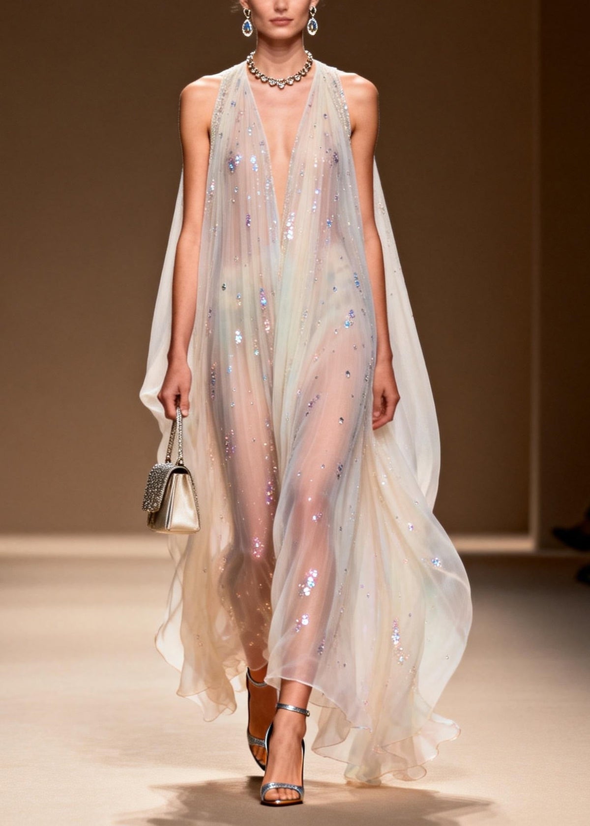 Sequin Scatter Halter Deep V-Neck Pleated Cape Sheer Maxi Gown