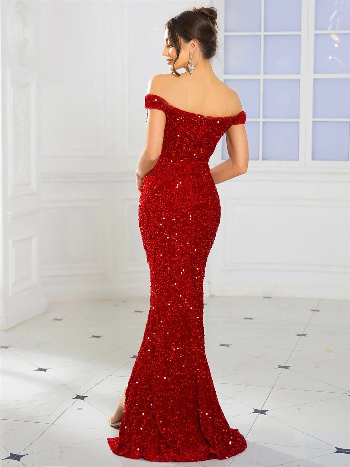 Off-the-Shoulder Sequin Maxi Dress