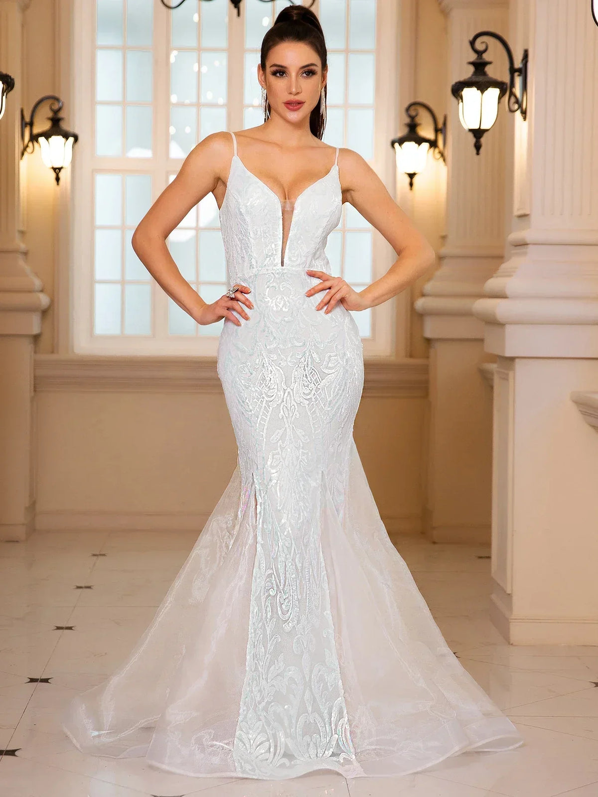 Deep V-Neck Spaghetti Strap Sequin Fishtail Maxi Gown
