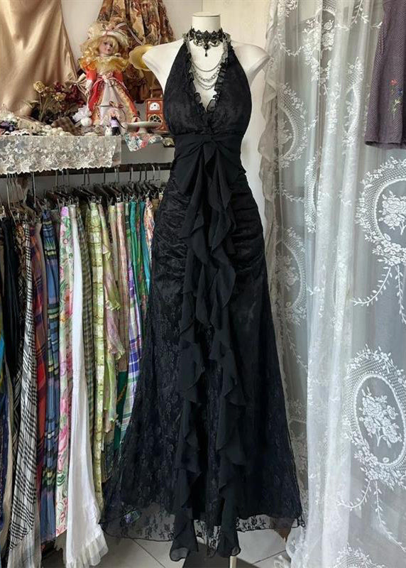 Slim Fit Black Backless Ruffled Lace Long Dress Sleeveless