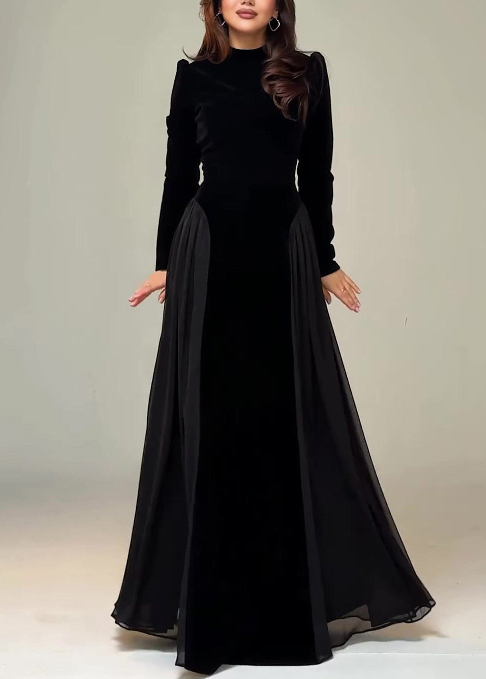 Slim Fit Black Tie Waist Chiffon Patchwork Maxi Dress Spring - View 3