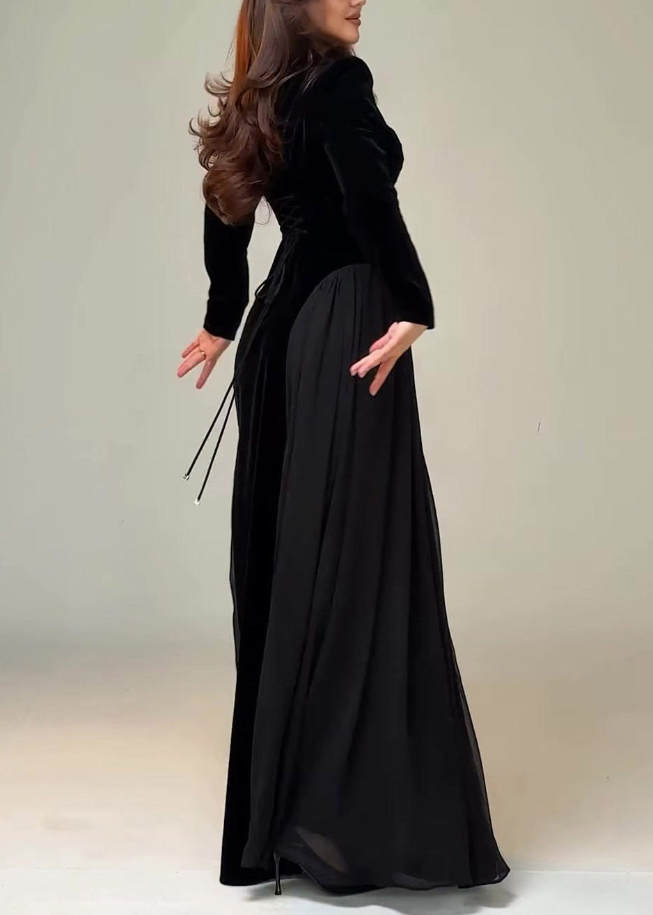 Slim Fit Black Tie Waist Chiffon Patchwork Maxi Dress Spring - View 5