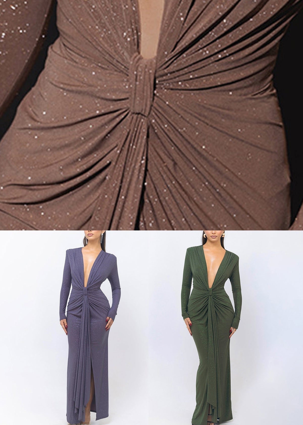 Glitter Deep V-Neck Long Sleeve Ruched Waist Drape Panel Bodycon Gown - View 5