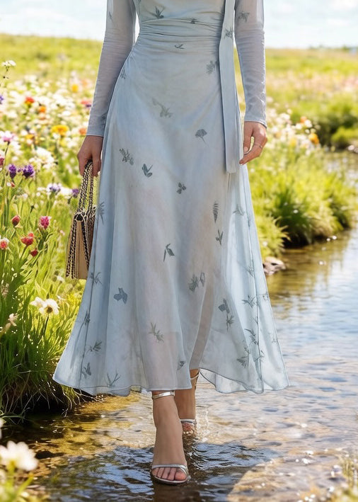 Cowl Neck Sheer Long Sleeve Ruched Waist Chiffon Maxi Dress - View 4
