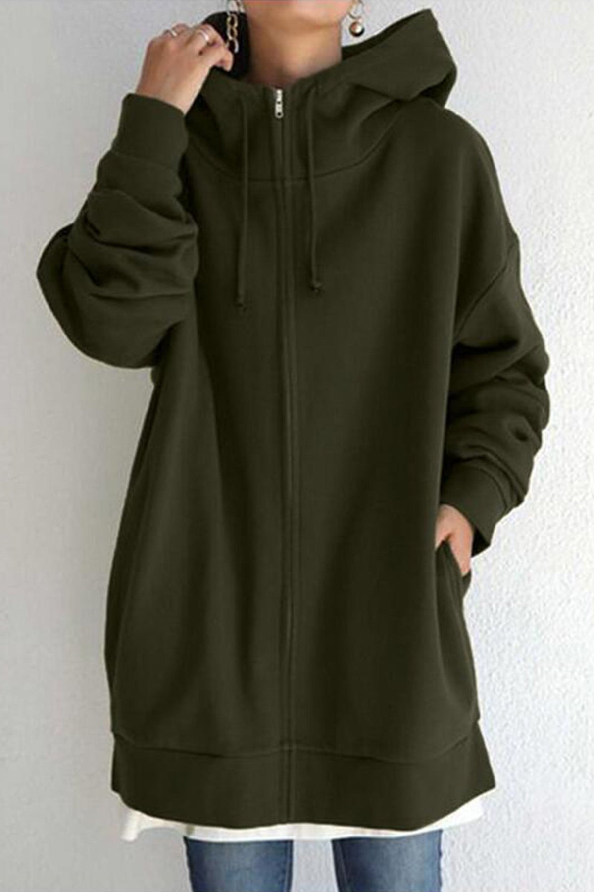Color Hoodie Zipper Solid - Mid-Length Army Green / S Sweatshirts & Hoodies-L