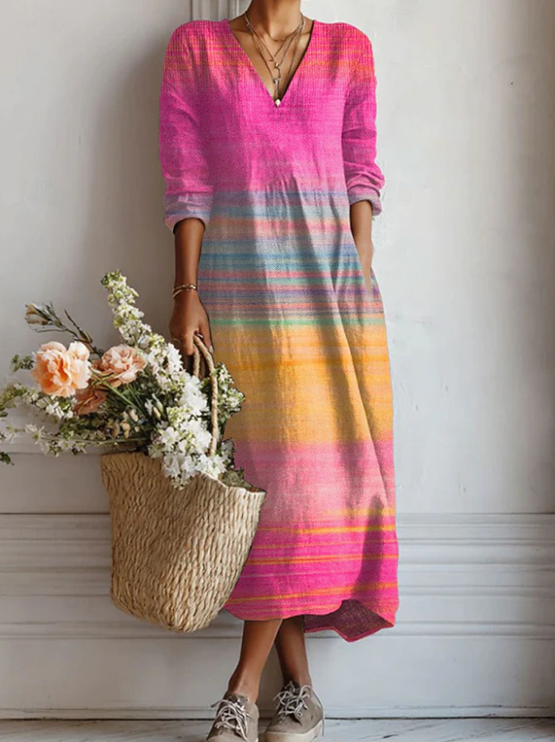 Striped V-Neck Long Sleeve A-Line Maxi Dress Summer 2