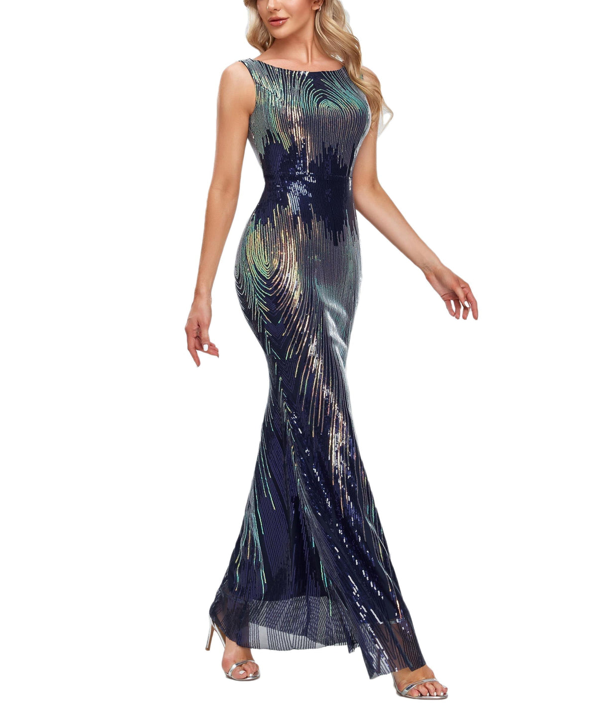 Sequin Round Neck Sleeveless Mermaid Evening Gown - View 4