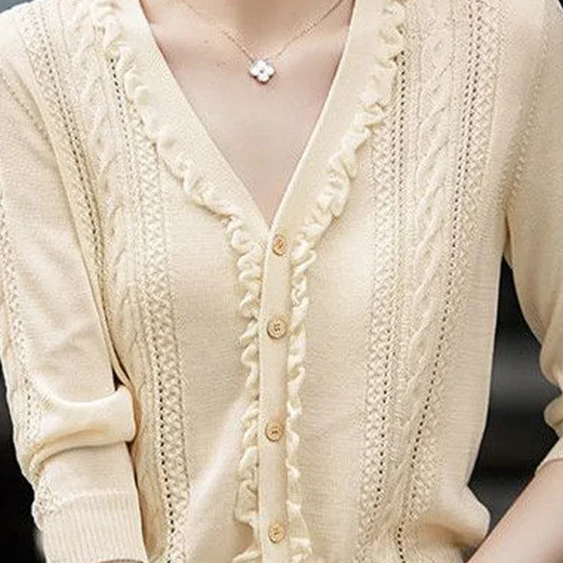 Hollow Out V-Neck Button Knit Cardigan