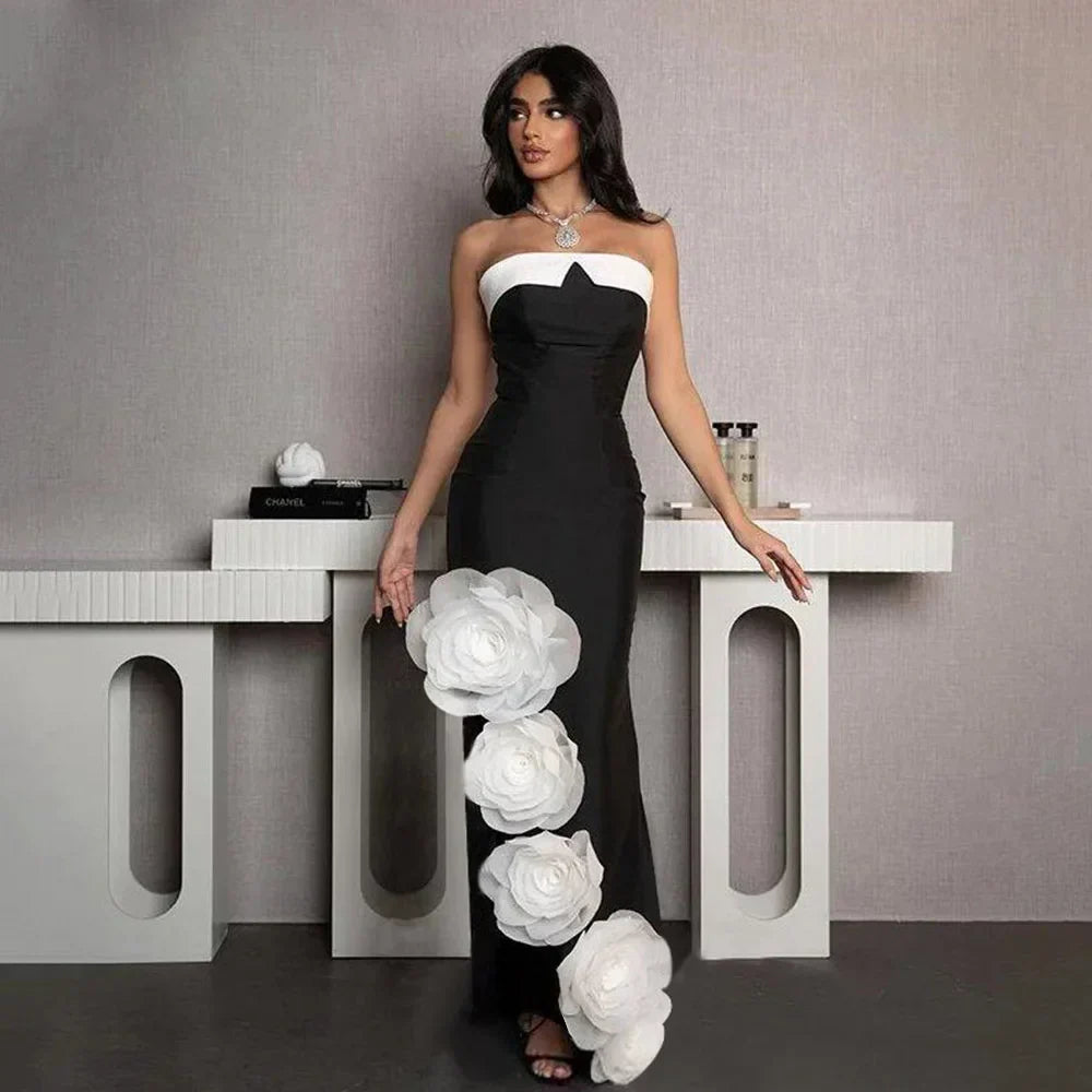 White Flowers Off-The-Shoulder Party Dress Black / S Partydress-241208