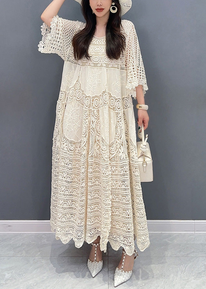 Crochet Lace Patchwork Hollow Out Bell Sleeve Tiered Maxi Dress - View 2