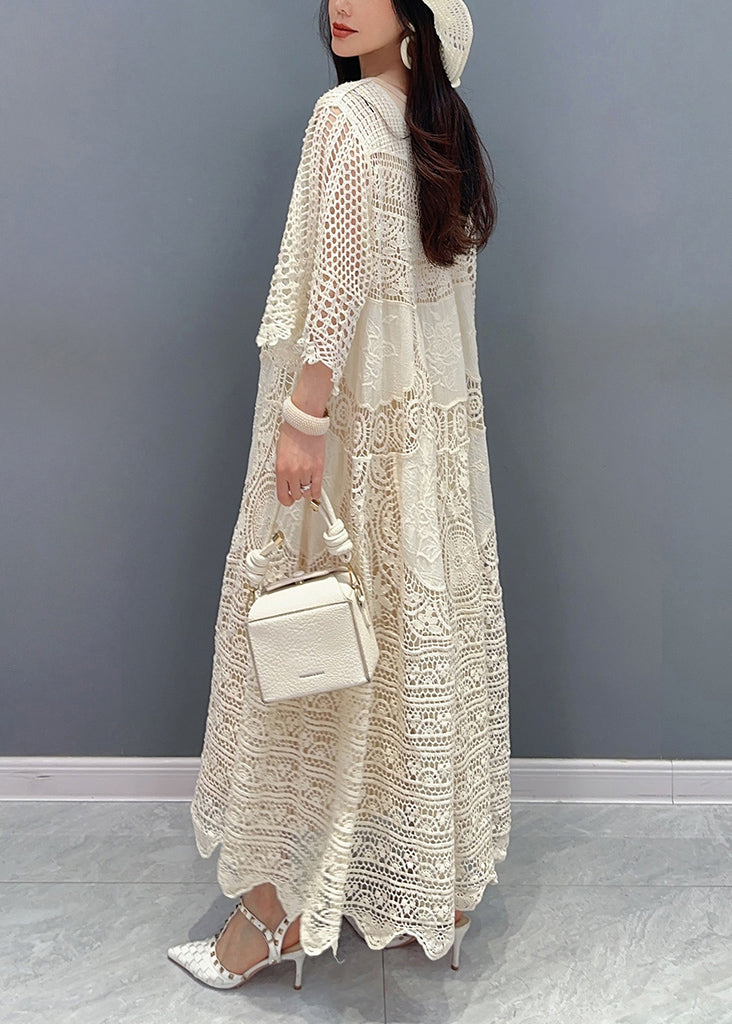Crochet Lace Patchwork Hollow Out Bell Sleeve Tiered Maxi Dress - View 5