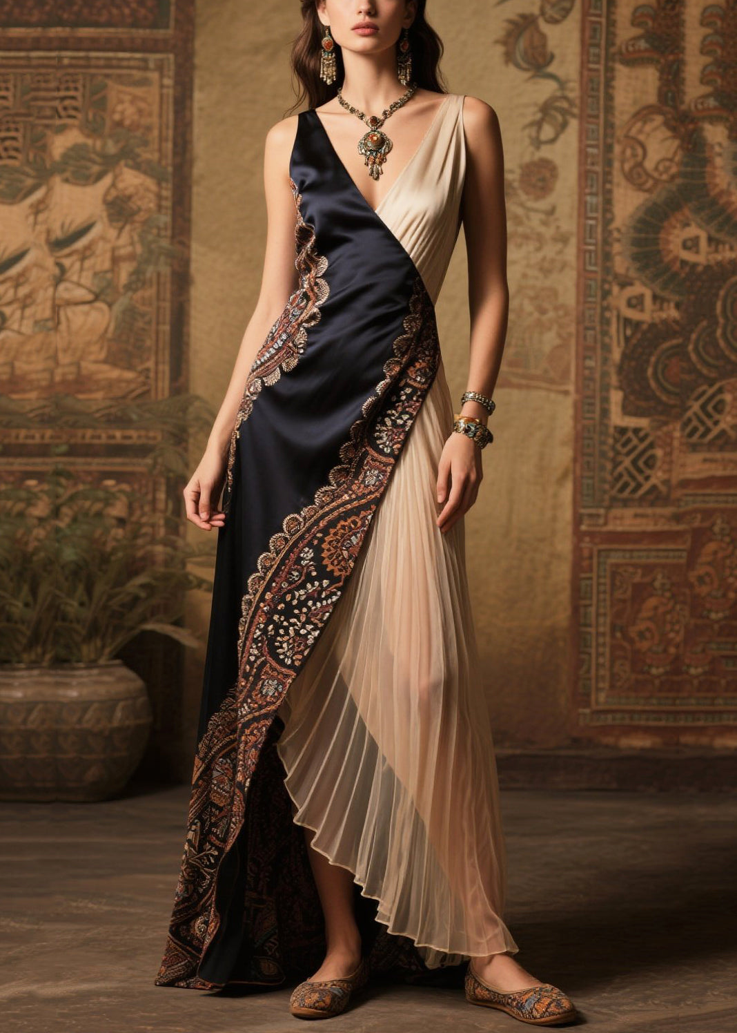 Paisley Border Print Asymmetrical Wrap Pleated Panel Maxi Gown - View 5
