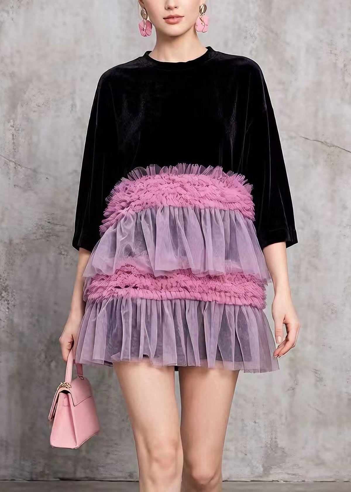 Style Black O Neck Ruffled Tulle Patchwork Velvet Mini Dress Summer