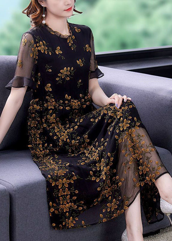 Style Black Ruffled Collar Embroideried Tulle Cinched Dress Summer - View 2
