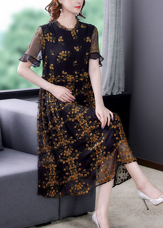 Style Black Ruffled Collar Embroideried Tulle Cinched Dress Summer - View 3