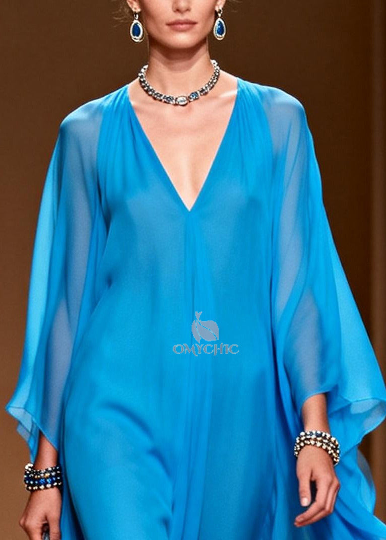 Style Blue Oversized Draping Chiffon Maxi Dress Summer - View 2