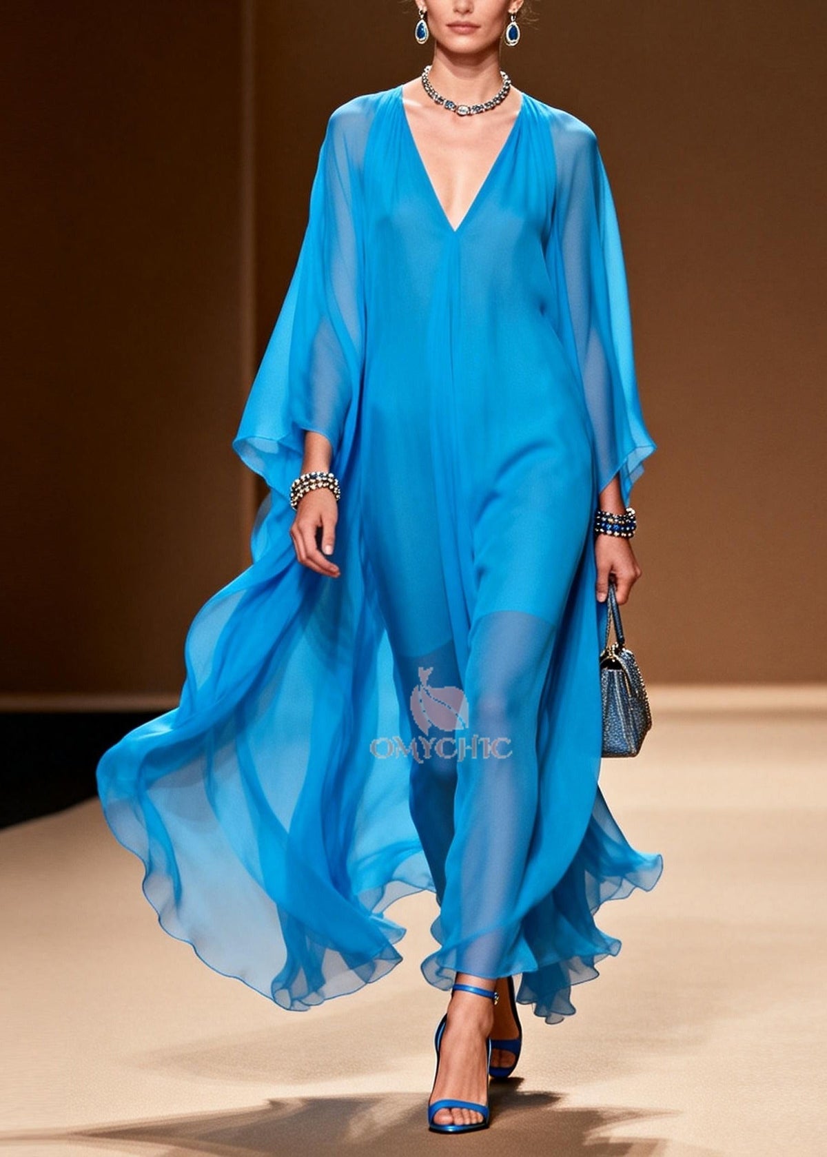 Style Blue Oversized Draping Chiffon Maxi Dress Summer - View 3