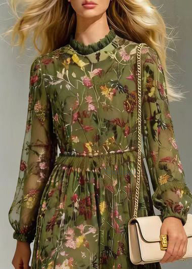Floral Print High Neck Long Sleeve Tiered Ruffle Chiffon Midi Dress - View 2