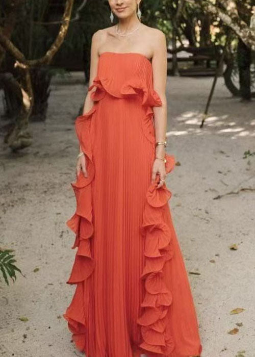Style Green Ruffled Wrinkled Patchwork Chiffon Strapless Long Dress - View 3