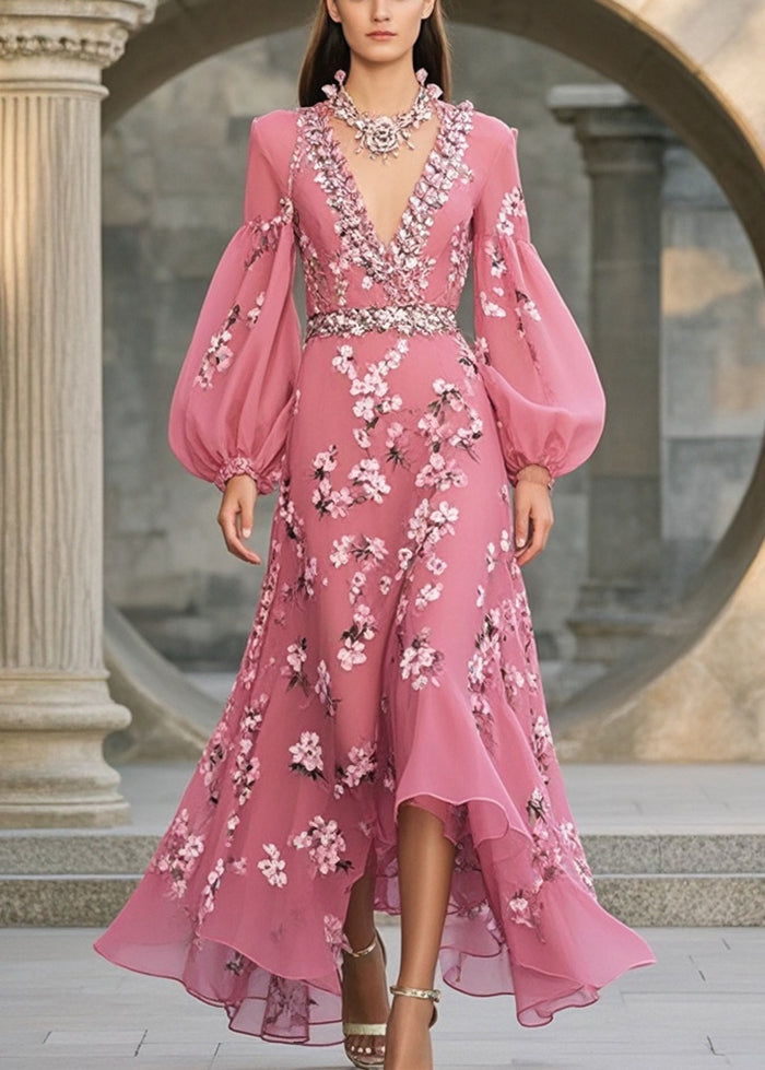 Floral Print Deep V-Neck Bishop Sleeve Rhinestone Trim Midi Dress - View 5