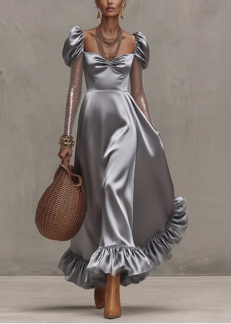 Style Silvery Puff Sleeve Patchwork Tulle Exra Large Hem Party Dress - View 5