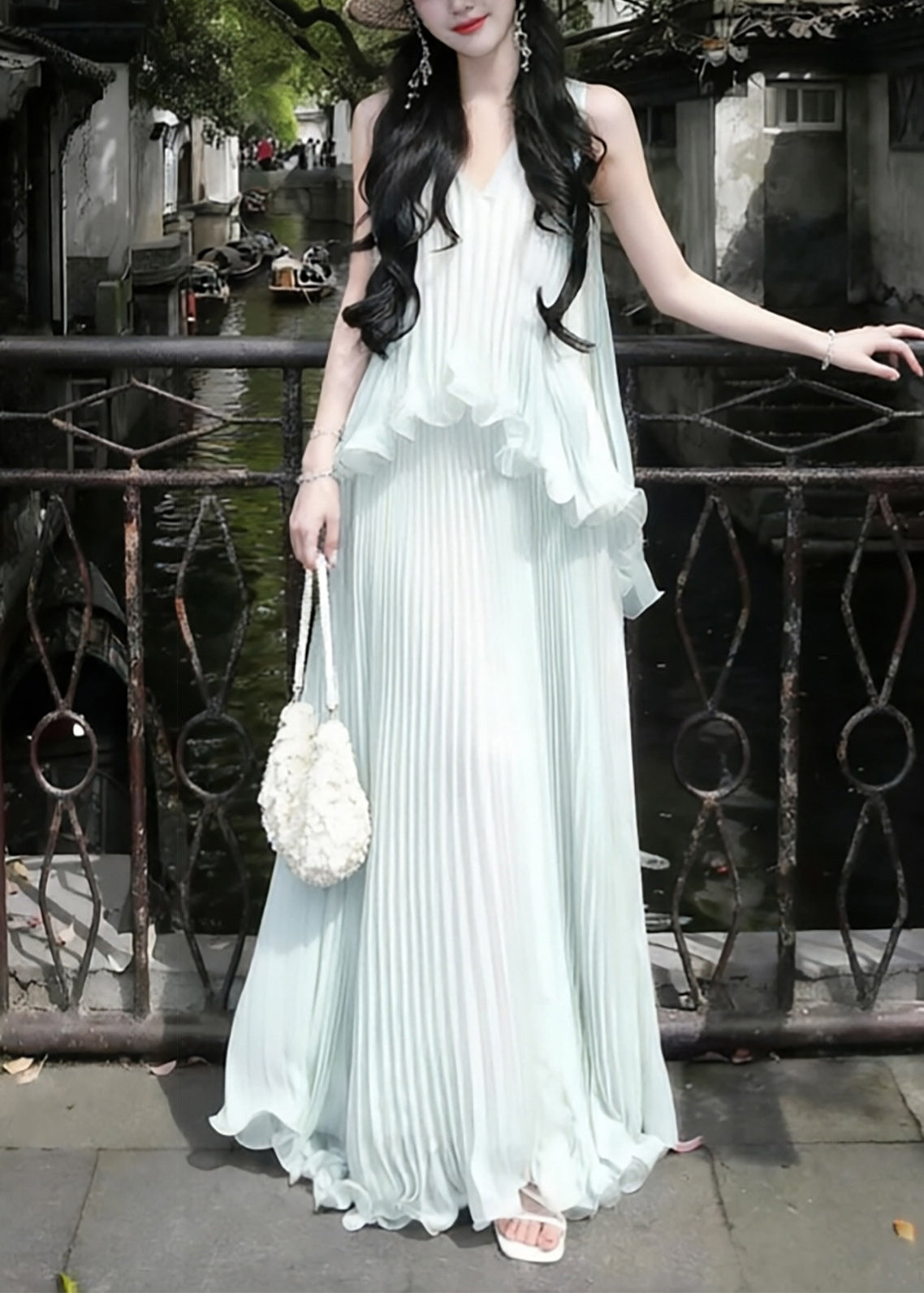 V-Neck Sleeveless Ruffle Pleated Chiffon Maxi Dress