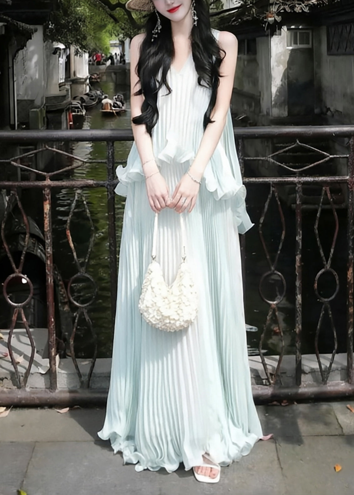 V-Neck Sleeveless Ruffle Pleated Chiffon Maxi Dress - View 3