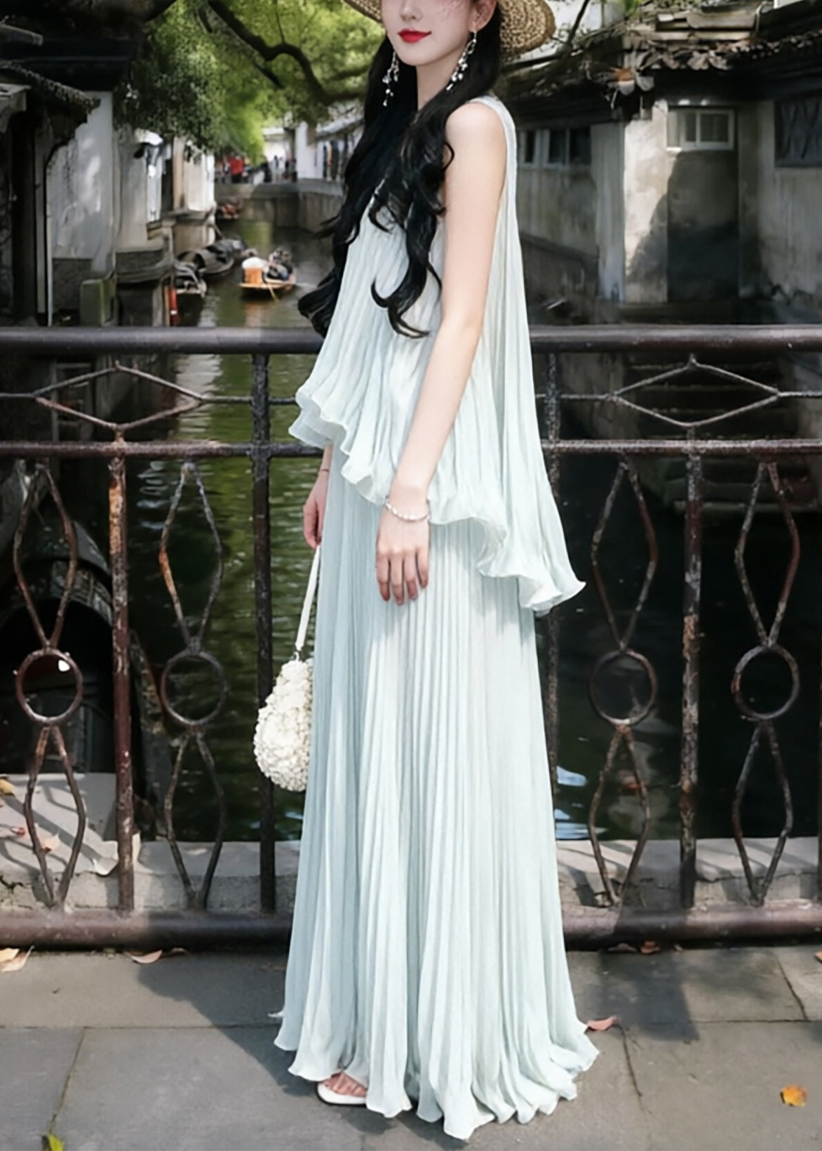 V-Neck Sleeveless Ruffle Pleated Chiffon Maxi Dress - View 4