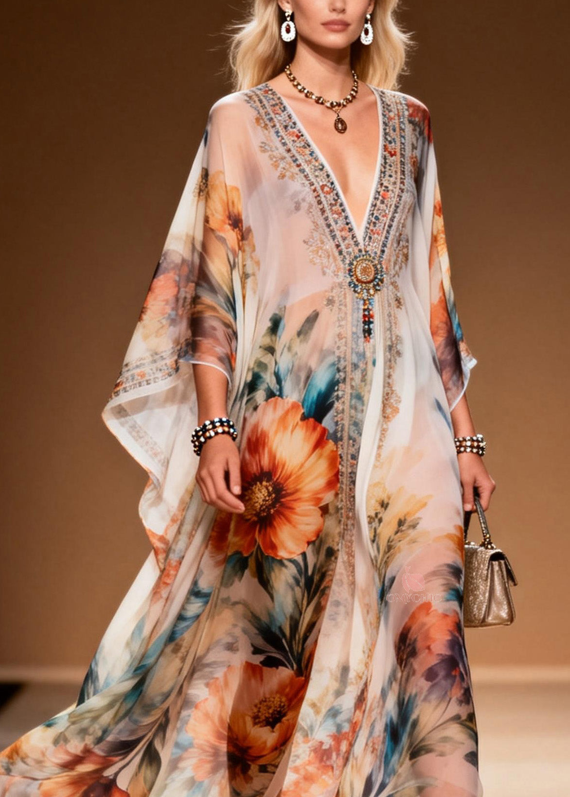 Beaded Floral Embroidery Deep V-Neck Sleeve Chiffon Maxi Dress - View 2