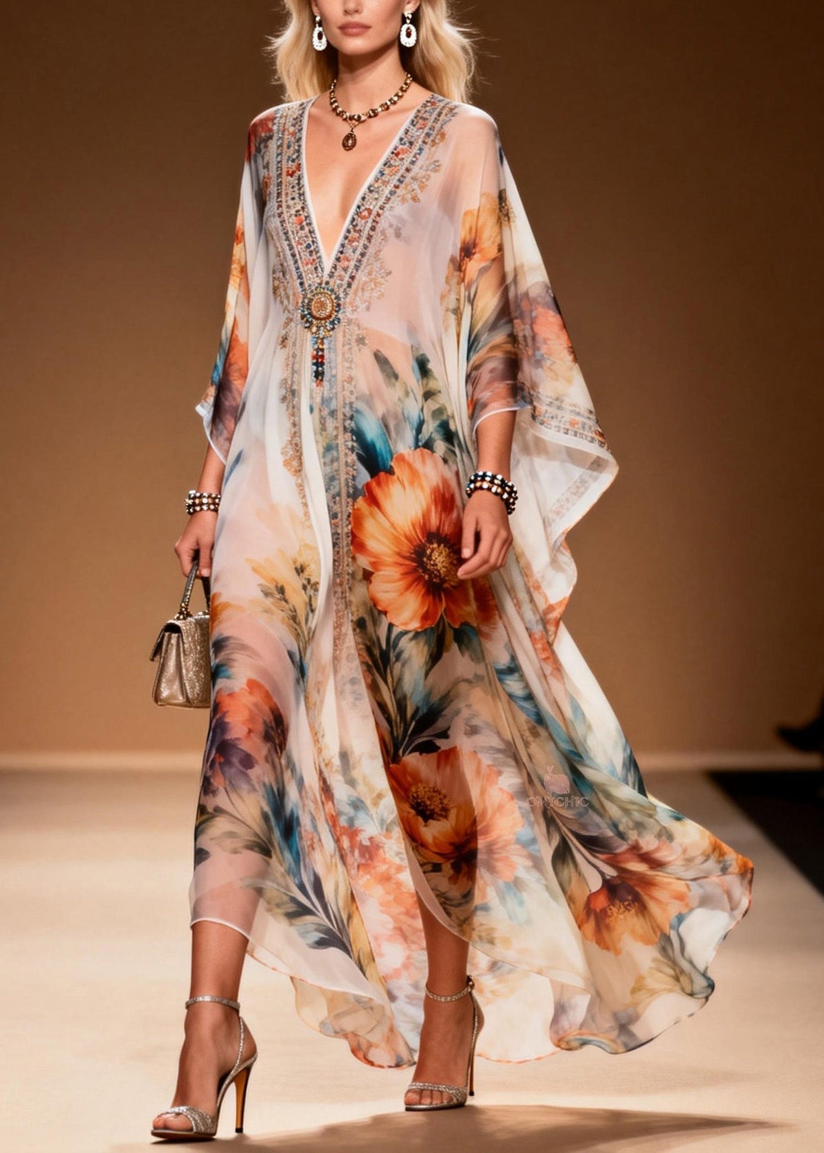 Beaded Floral Embroidery Deep V-Neck Sleeve Chiffon Maxi Dress - View 3
