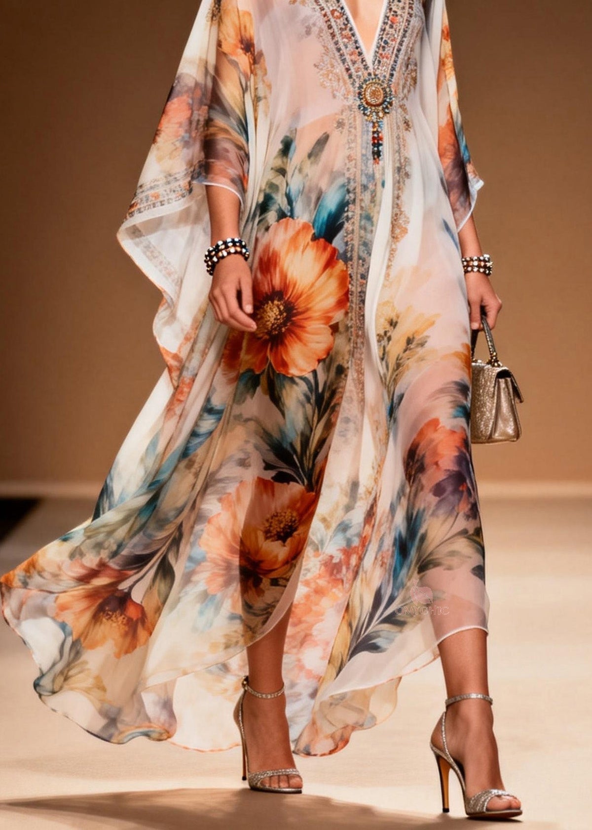 Beaded Floral Embroidery Deep V-Neck Sleeve Chiffon Maxi Dress - View 4