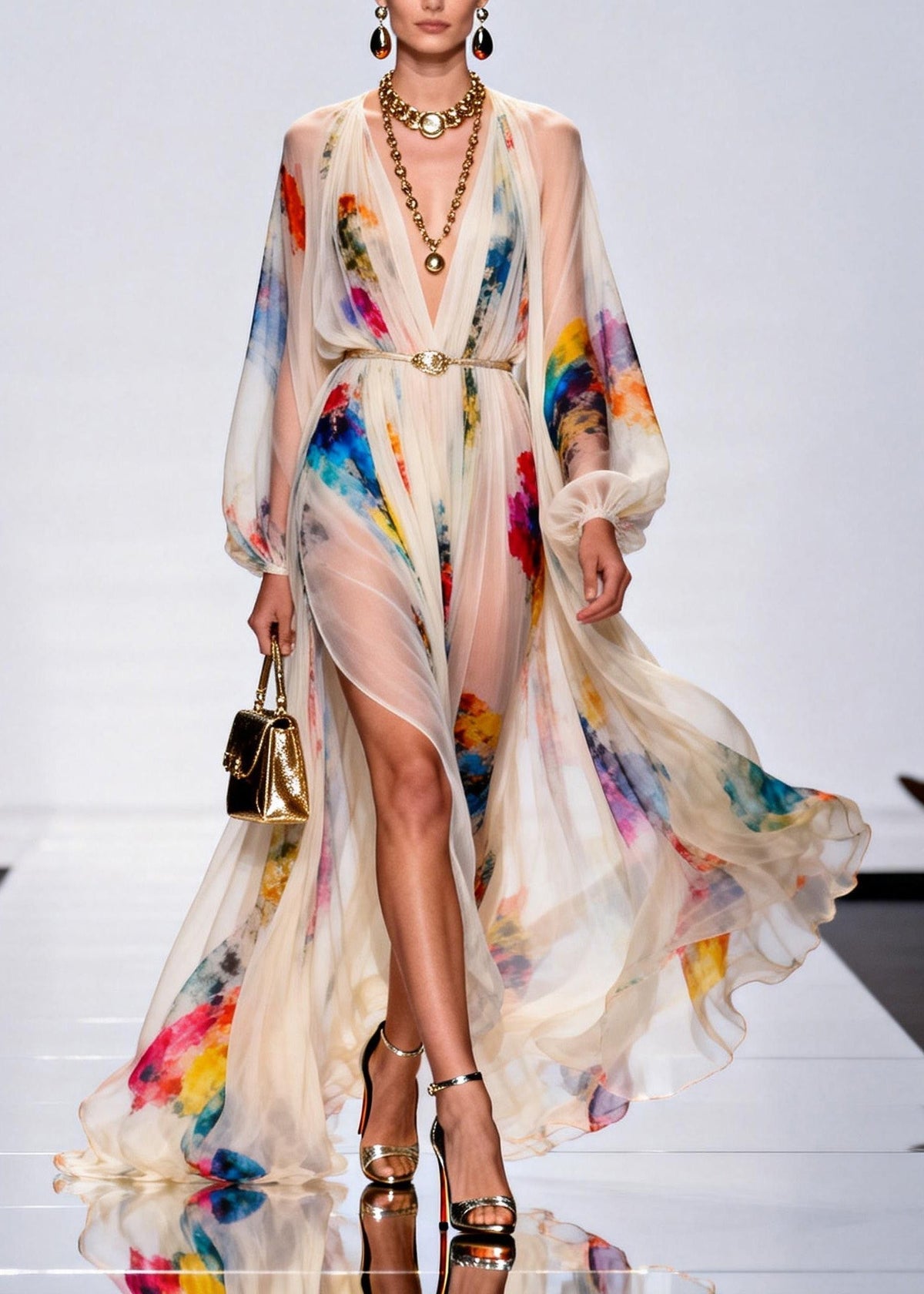 Style V Neck Print Side Open Chiffon Maxi Dress Spring - View 3