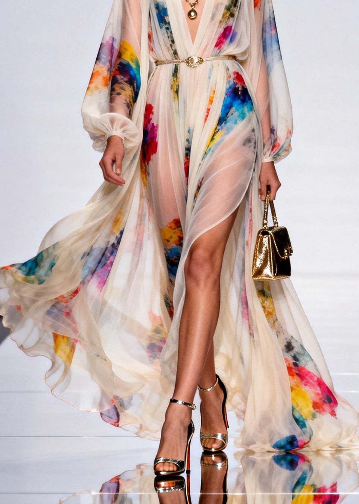 Style V Neck Print Side Open Chiffon Maxi Dress Spring - View 4