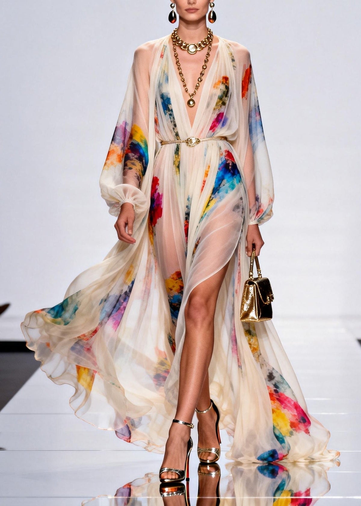 Style V Neck Print Side Open Chiffon Maxi Dress Spring - View 5
