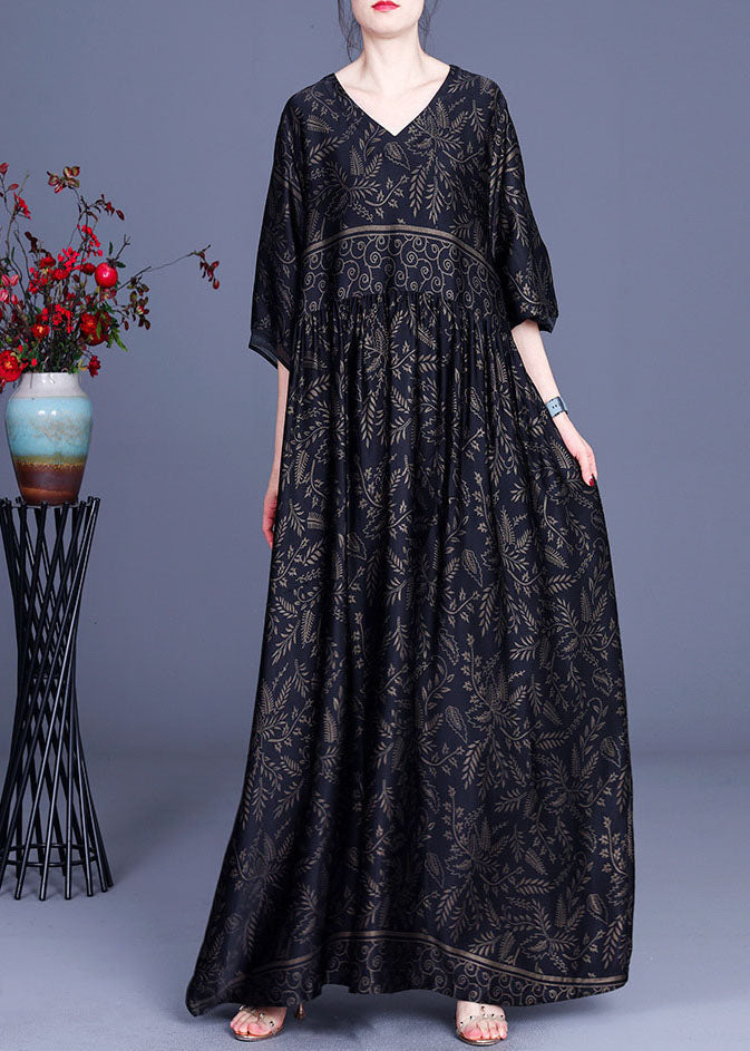 Botanical Print V-Neck Three Quarter Sleeve Maxi Dress
