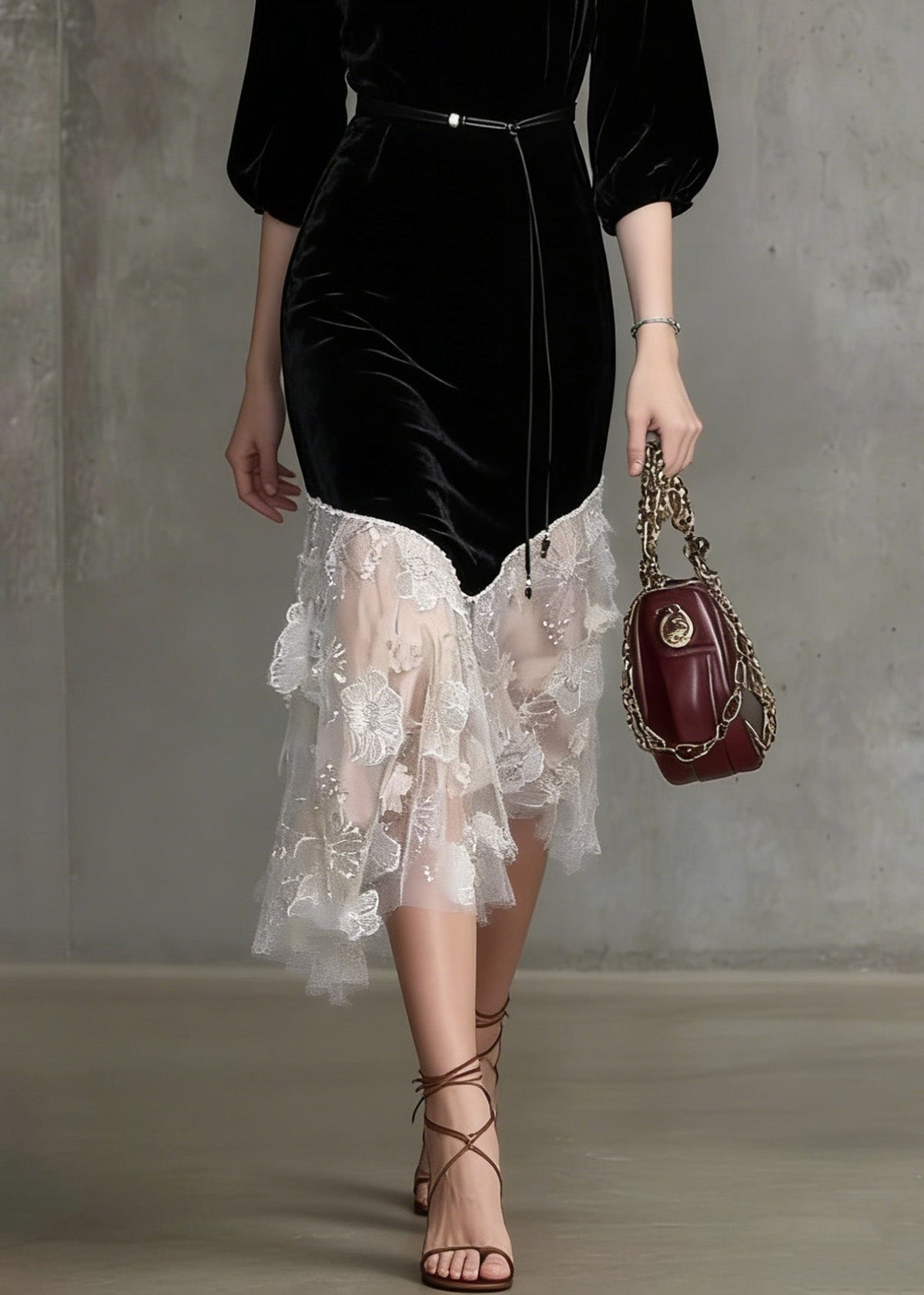 Velvet V-Neck Belted Lace Tiered Asymmetrical Midi Dress - View 4