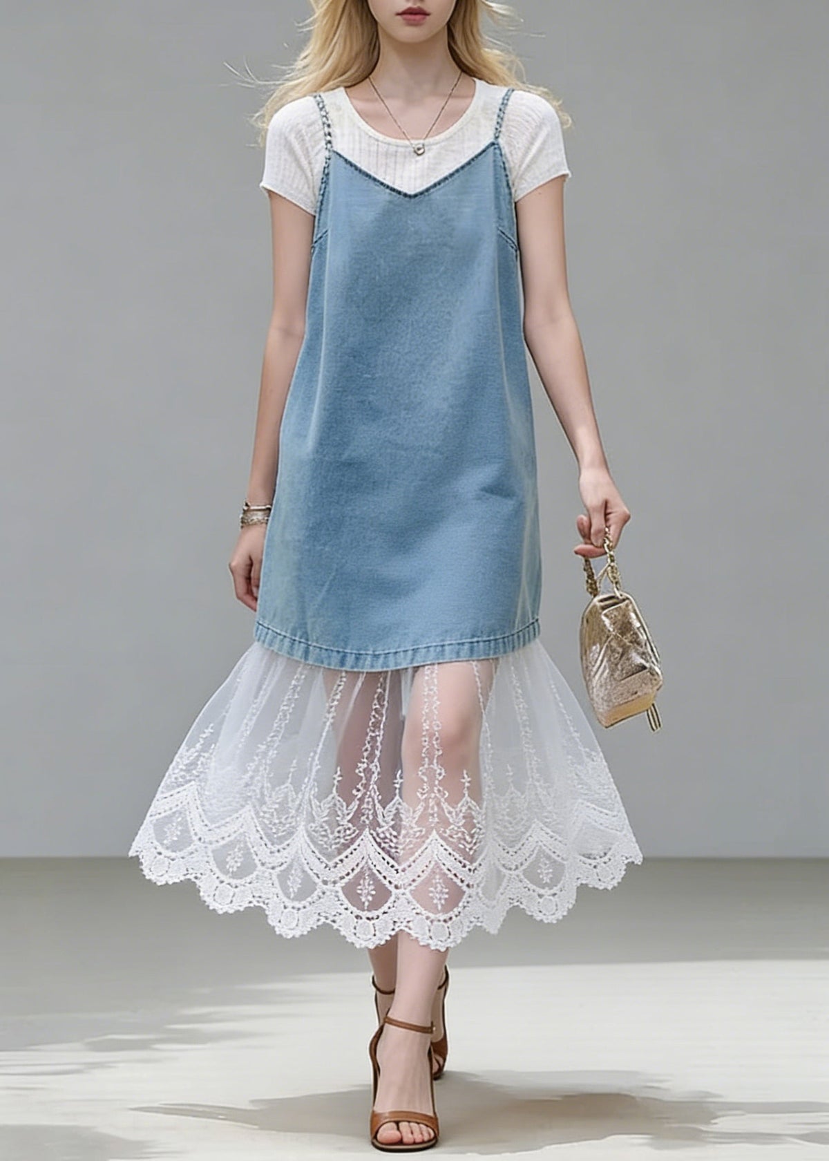Blue Lace Patchwork Tops Spaghetti Strap Two Piece Set - View 3