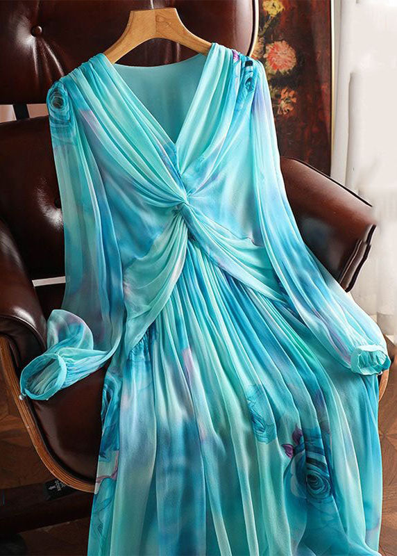 Chiffon Floral Print Deep V-Neck Twist Front Pleated Maxi Dress