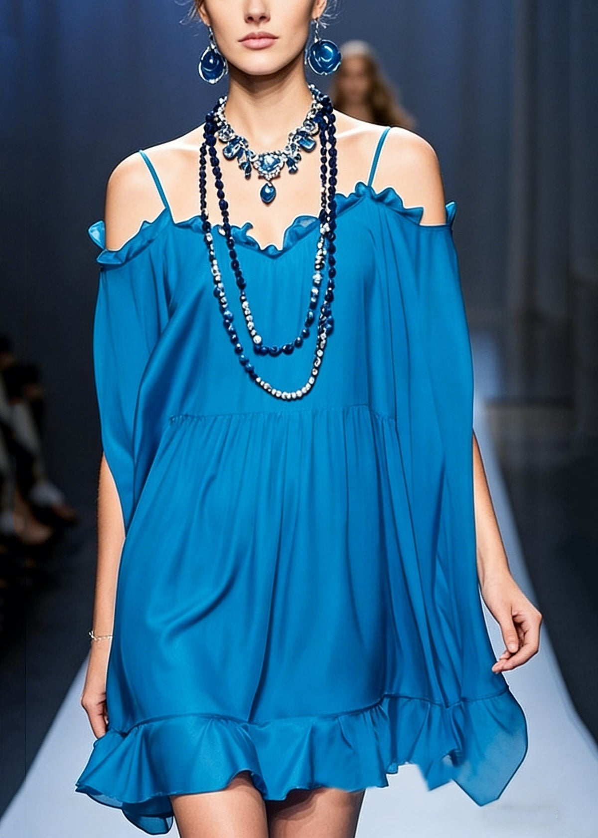 Peacock Blue Cold Shoulder Ruffled Chiffon Spaghetti Strap Dress