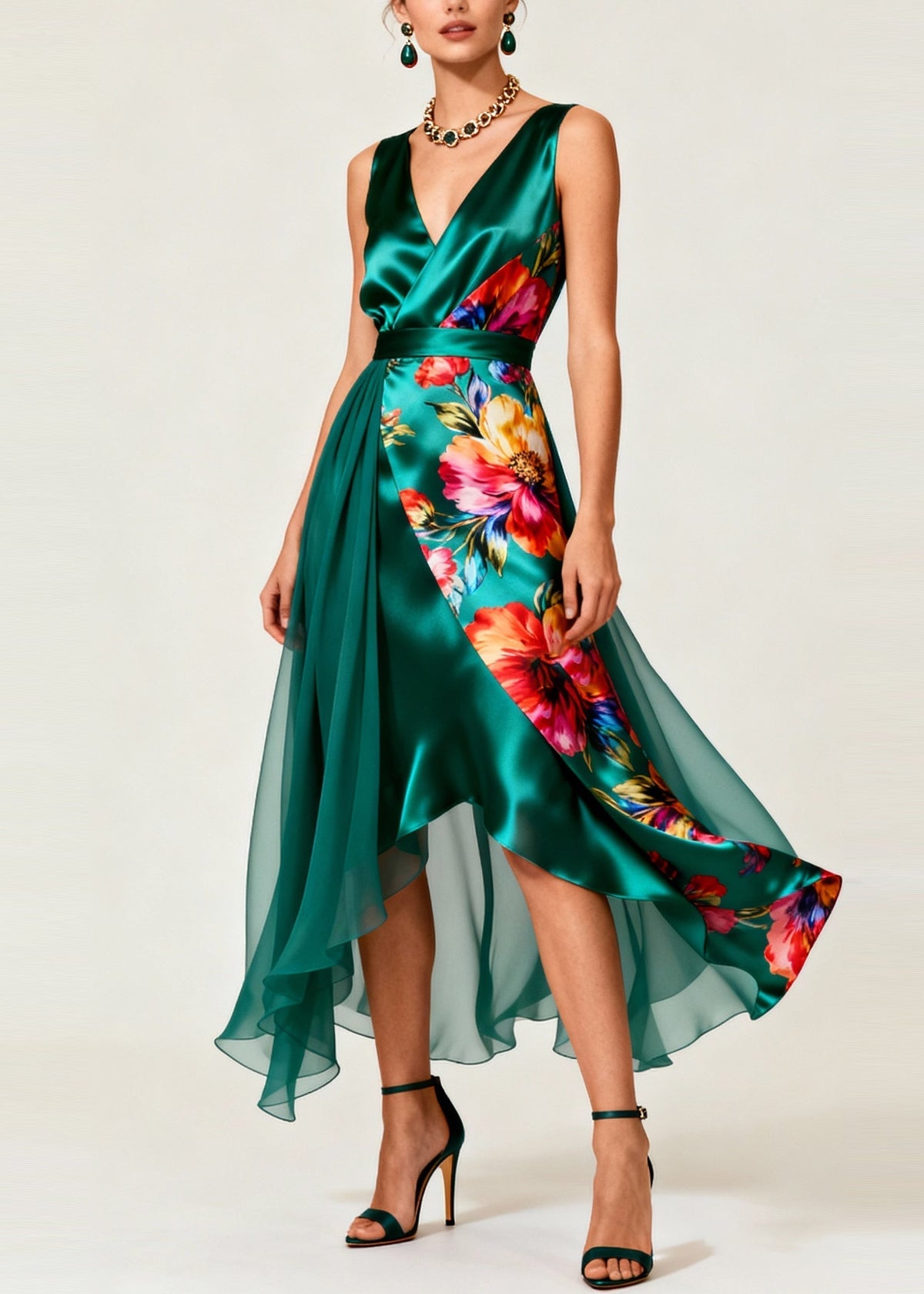 Floral Print Deep V-Neck Wrap Asymmetrical Tiered Chiffon Midi Dress - View 5