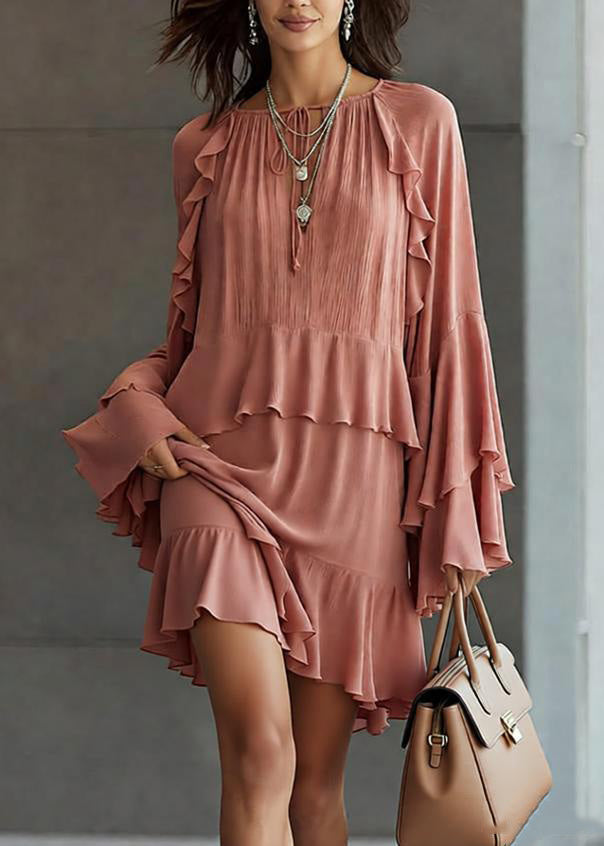 Stylish Pink Ruffled Patchwork Chiffon Mid Dress Spring - View 5