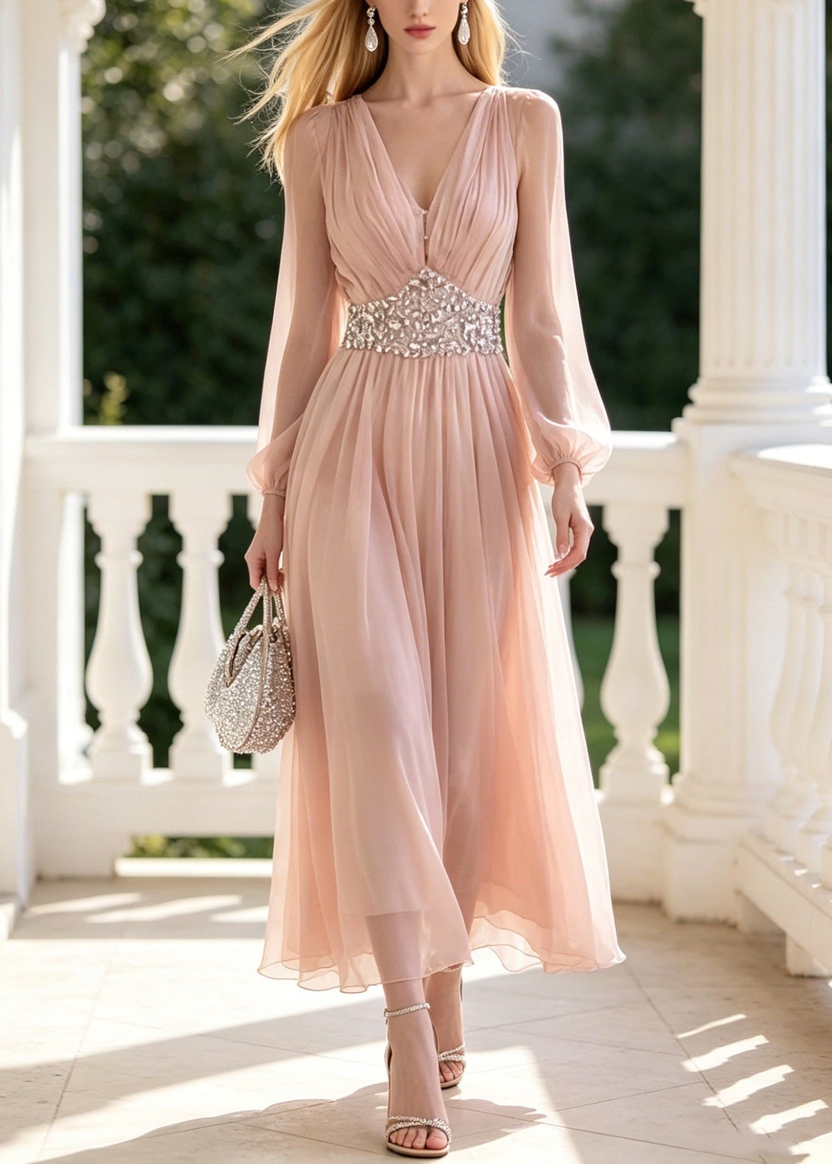 Chiffon V-Neck Long Bishop Sleeve Rhinestone Waist Maxi Gown - View 5