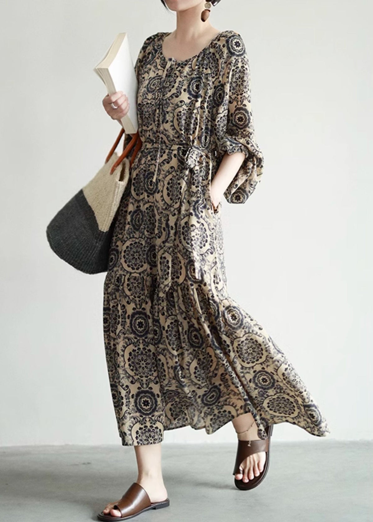 Medallion Print V-Neck Lace Up Tiered Long Sleeve Bohemian Maxi Dress - View 3