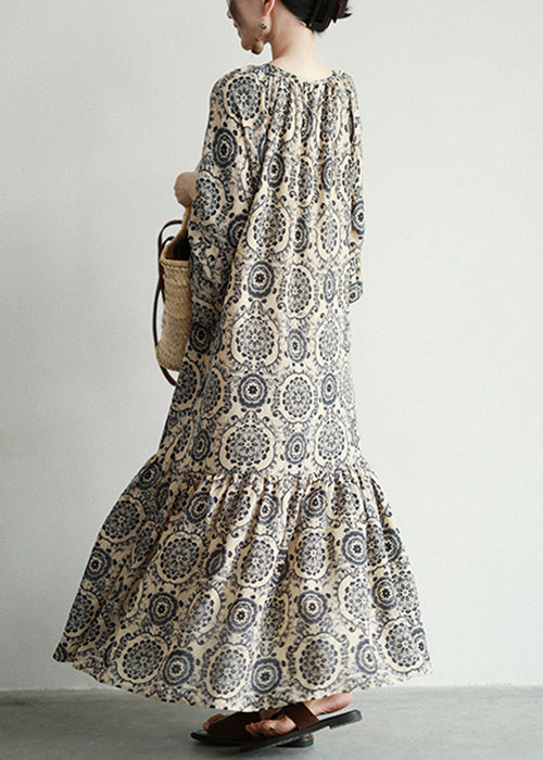 Medallion Print V-Neck Lace Up Tiered Long Sleeve Bohemian Maxi Dress - View 5