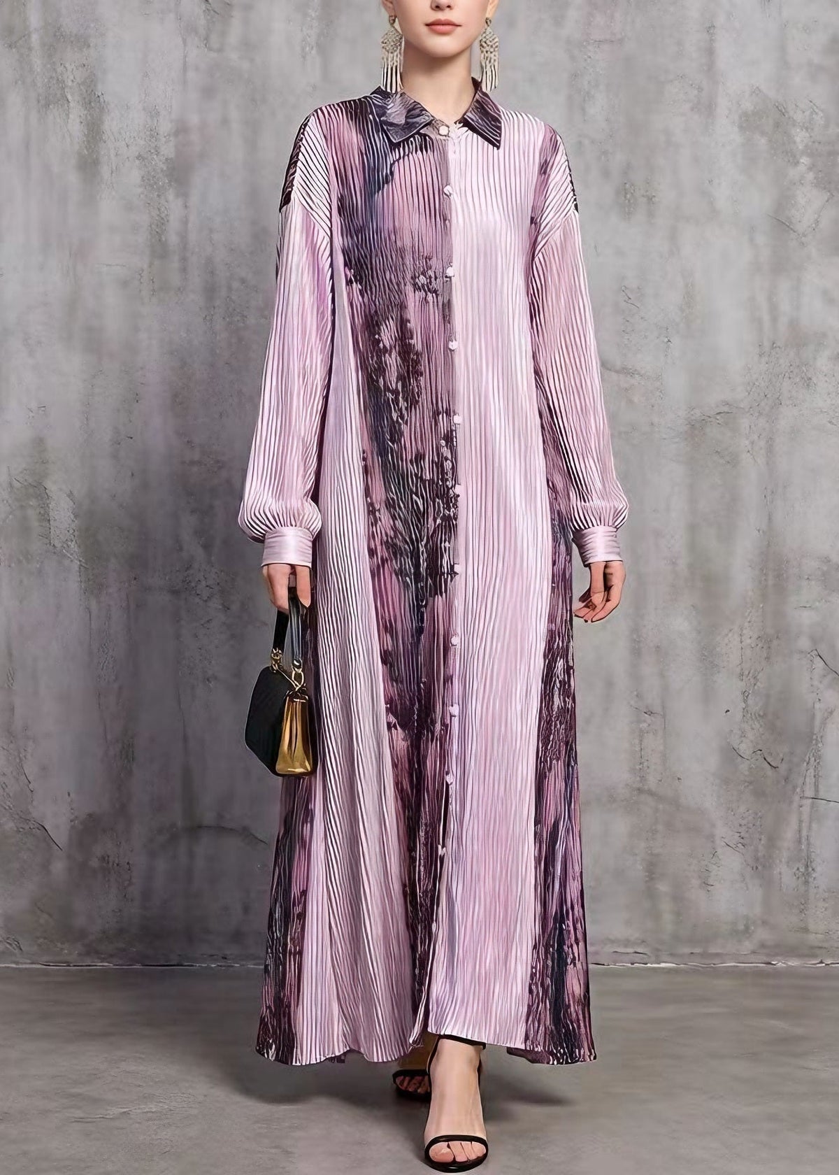 Pleated Pointed Collar Button Front Long Sleeve Maxi Dress