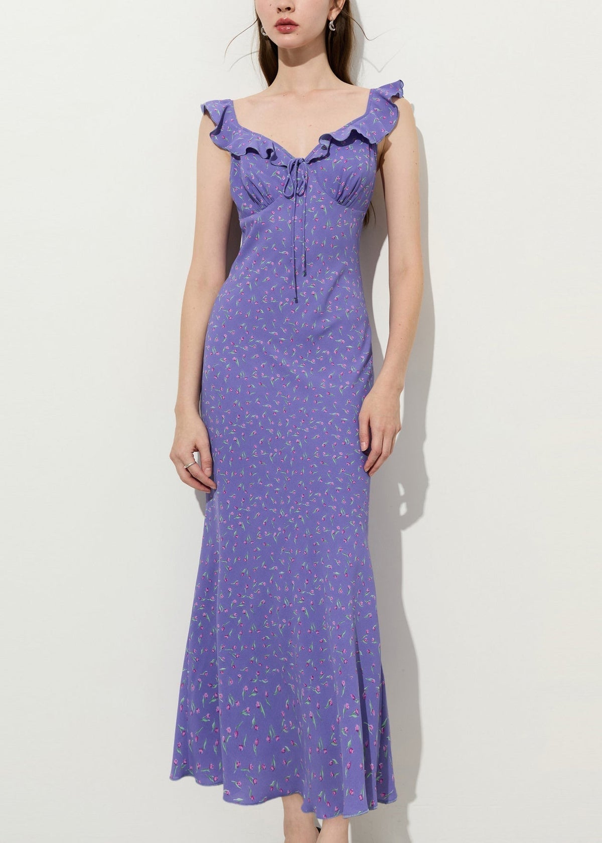 Stylish Purple Ruffled Print Chiffon Party Dress Summer - View 3