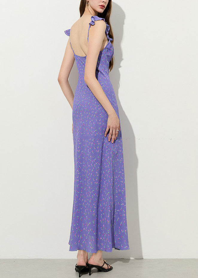 Stylish Purple Ruffled Print Chiffon Party Dress Summer - View 4