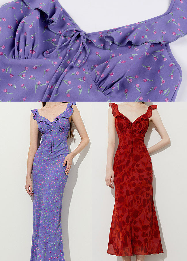 Stylish Purple Ruffled Print Chiffon Party Dress Summer - View 5