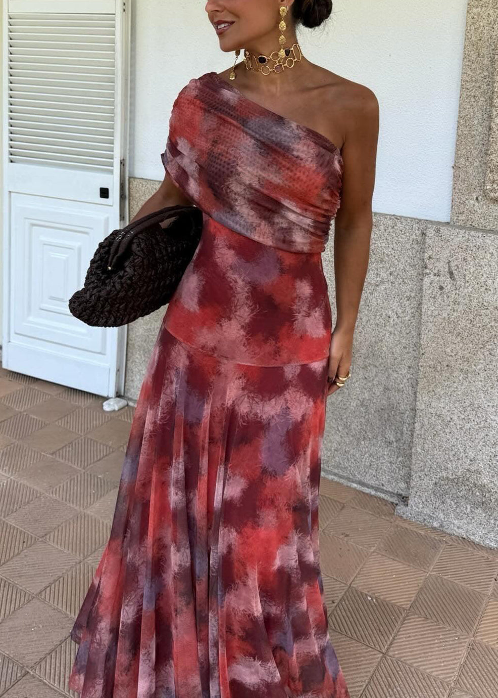 One Shoulder Abstract Print Tulle Draped Ruched Pleated Maxi Dress - View 2