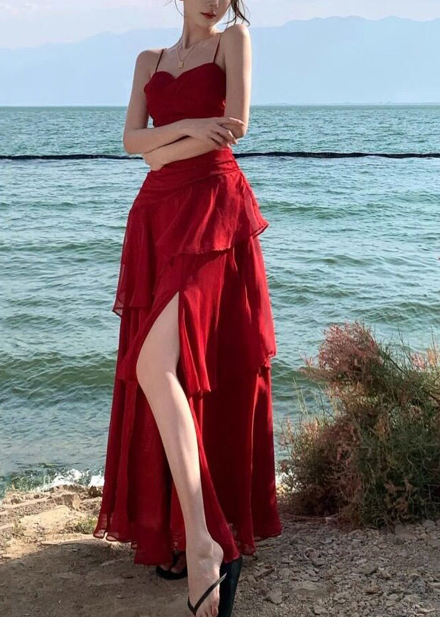 Stylish Red Exra Large Hem Chiffon Spaghetti Strap Dress Summer - View 2